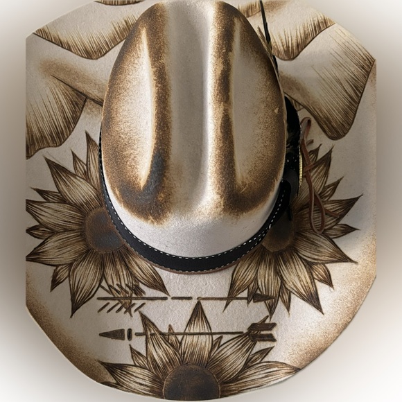 Cowgirl hat, hand burned with Sunflowers & Mountains - Picture 2 of 9